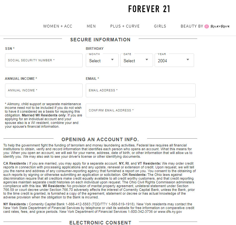 Forever 21 Visa Credit Card Applicaton